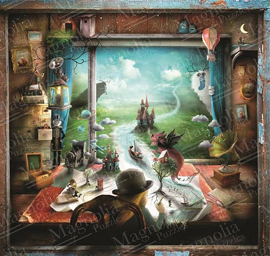 Isoäidin pöytä palapeli (Grandmas desk) on Magnolian 1000-palainen, jonka on kuvittanut Alexander Jansson. Jansson kuvittaa fantasia-aiheisia pelejä. Isoäidin pöytä -palapelissä tyttö istuu pöydän ääressä ja piirtää. Paperista kasvaa puu ja puun vierestä lähtee virtaamaan joki. Joessa vene lipuu kohti linnaa. Pöydällä pieni lohikäärme puhkuilee. Magnolian palapeleissä on korkeatasoinen leikkaus ja palat ovat saaneet kiittävää palautetta. Palat eivät kiillä, joten tummatkin alueet on helpompia koota palojen muodon mukaan. Valmistaja Magnolia. Myyjä Pieni Harrastepuoti