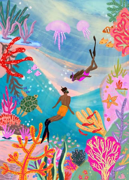 Wild Swimming palapeli on Pieces & Peacen valmistama 500-palainen ihanan kesäinen kuva. Snorklaajat, korallit ja meren eläimet on kuvittanut Lack Studio.