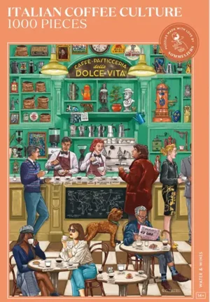 Water & Wines Italian kahvikulttuuri palapeli / Italian Coffee Culture palapeli on italialaisen kahvin ystävän ihannepalapeli. Valmistaja Water & Wines. Vilkaise klassisen italialaisen kahvilan historialliseen maailmaan, joka on täynnä visuaalisia viitteitä Italian rakastetulle kahvikulttuurille. Tämä kahvipalapeli vangitsee kahvin ystävn yksityiskohdillaan. Kuva on täynnä italialaisia ​​kahviloita – espressokeittimestä herkullisiin kuppeihin ja lautasiin. Italian Coffee Culture palapeli: Jokainen esine viittaa historiaan, kahvietikettiin ja tapoihin, jotka ympäröivät Italian kahvirituaalia. Tämän palapelin kokoaminen on kuin astuisi suoraan Italiaan, jossa kahviin liittyviä yksityiskohtia odottaa jokaisessa palassa. Tämä peli on huolella suunniteltu muutaman Italian suurimpien kahvin ystävien kanssa, ja se on täynnä kiehtovia yksityiskohtia, jotka ilahduttavat kaikkia kahvin ystäviä: täydellinen selitys pelin esineistä ja historiallisista viitteistä; italialaisen paikallisen kahvi- ja aamiaiserikoisuuksien kierros; paras tiramisu-resepti suoraan Nonnan keittokirjasta; johdatus italialaiseen kahvietikettiin ja espresso-taiteeseen; hauska kuvitettu opas kahvin valmistusmenetelmiin. Olitpa kahvintuntija, italialaisen kulttuurin ystävä tai molemmat, tämä palapeli ilahduttaa taatusti viehättävällä klassisen italialaisen kahvilakulttuurin juhlalla. pakkaus sisältää julisteen, josta on helppo tarkastella kuvaa