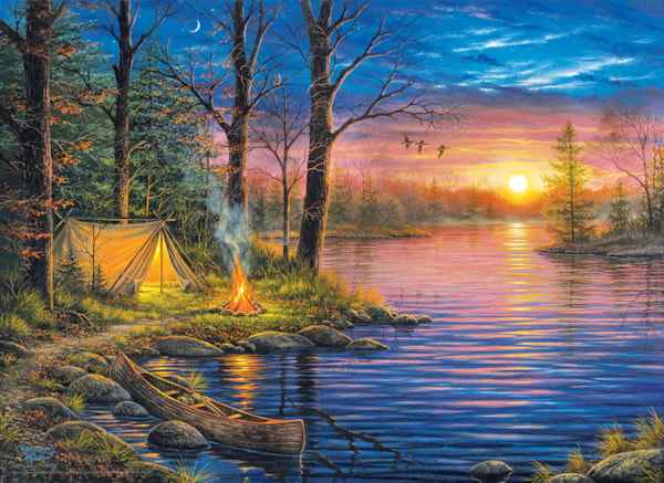 Evening mist palapeli 1000 palaa on kanadalaisen palapelimerkki Eurographicsin valmistama. Abraham Hunterin kuvittamassa kuvassa teltta on pystytetty järven rannalle, nuotiossa palaa tuli. Kanootti odottaa rannassa.