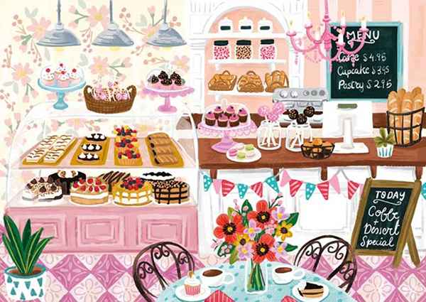 Magnolia Bakery palapeli 1000 palaa on Olivia Gibbsin kuvittama kahvila-aiheinen palapeli. Kuvassa kakut ja leivokset on aseteltu nätisti asiakkaita varten, pöydässä kahvit odottavat asiakkaita.