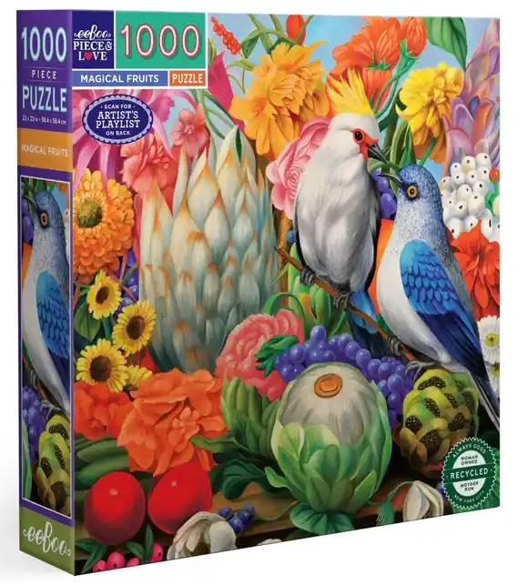 eeBoo Magical Fruits palapeli 1000 palaa on amerikkalainen palapelimerkki. Naomi Devilin värikäs öljyvärimaalaus, jossa kukat ja linnut upeana kuvana