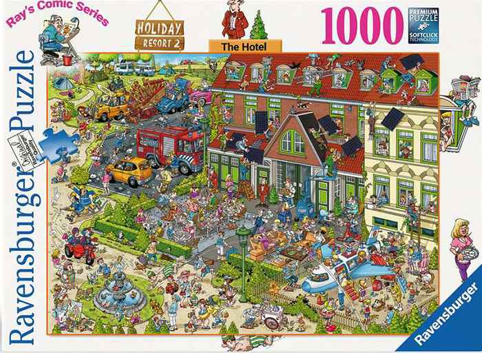 The Hotel palapeli 1000 palaa on tapahtumarikas ja huumorintäytteinen kuva hotellin pihalta. Palapeli on Ravensburgerin Holiday resort -sarjaa numero 2 - Ray's Comic Series.