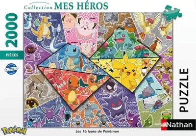 The 16 types of Pokemon palapeli 2000 palaa on Nathanin värikäs Pokemon-palapeli, jonka kuva on jaettu 16 eri osaan, kullekin Pokemon-hahmolle oma. Koko 98 x 75 cm