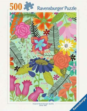 Flower jungle palapeli 500 palaa on Ravensburgerin vuoden 2025 uutuus, jossa kukkien väriloistoa.