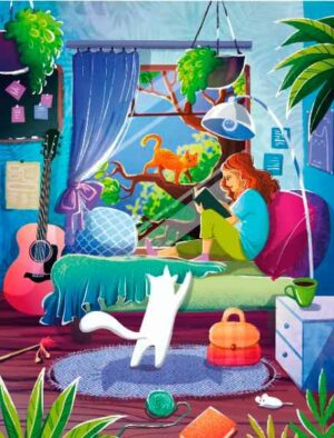 Magnolia Girl & Cats palapeli 1000 palaa on näkymä naisen huoneeseen, jossa hän lukee. Kissat norkoovat ympärillä.