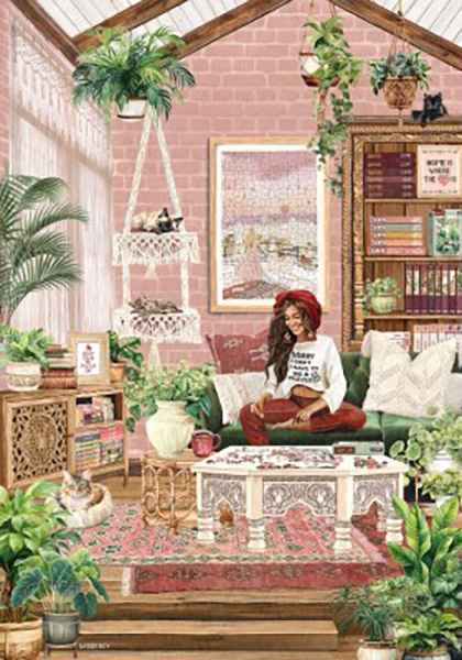 Magnolia My Puzzle Room palapeli 1000 palaa on näkymä naisen huoneeseen, jossa hän tekee palapelejä. Palapelihuone on saanut seinälleen palapelin, isot ikkunat tuovat valoa.