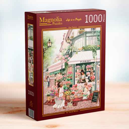 Magnolia The Florist palapeli 1000 palaa on pastellisävyinen katunäkymä, jossa kukkakauppa on tuonut myytäviä kukkia myös ulos