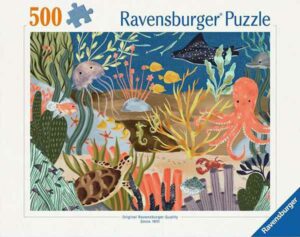 Ocean Whimsey palapeli 500 palaa on Ravensburgerin vuoden 2025 uutuus, jossa vedenalaisen maailman meduusat, kilpikonnat, mustekala, rapu, delfiini, kalat ja monen väriset korallit.