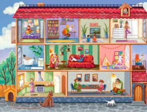 Magnolia Sweet home palapeli 1000 palaa on poikkileikkaus talosta, jonka jokaisessa huoneessa asukkaat elävät omaa kotielämäänsä.