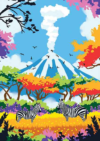 Vie Sauvage palapeli 500 palaa on ranskalaisen Hachette Puzzle -palapelimerkin seepra-aihe. Kuvassa tulivuori päästelee höyryjään ja seeprat oleilevat savannilla.