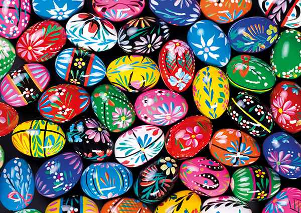 Yazz Painted Easter Eggs palapeli 1000 palaa on värikäs palapeli, jonka kuvassa jokainen pääsiäismuna on eri värinen ja eri kuviolla.