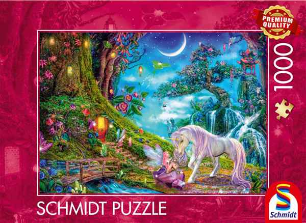 Unicorn and elf palapeli 1000 palaa (Unicorn and elf among the tall timbers) on Aimee Stewartin kuvittama fantasiapalapeli.