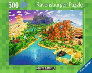 World of Minecraft palapeli 500 palaa on Ravensburgerin vuoden 2025 uutuus, jonka kuvassa näkymä Minecraft-pelistä.