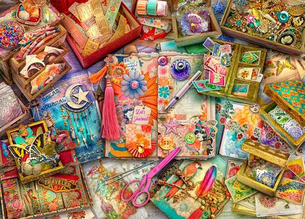 Junk Journaler's desk palapeli 500 palaa on Aimee Stewartin kuvittama. Valmistaja Bluebird Puzzle