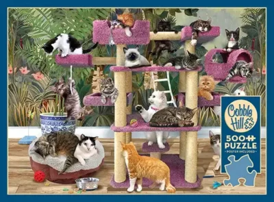 Cobble Hill Jungle Cats palapeli 500 palaa on kanadalaisen Cobble Hillin valmistama. Kuvassa kissat nukkuvat ja touhuavat kiipeilypuussaan. 