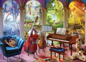 Four Seasons of Music palapeli 1000 palaa on Angelo Boniton kuvittama musiikkiaiheinen taidepalapeli. vänkyräpalainen palapeli