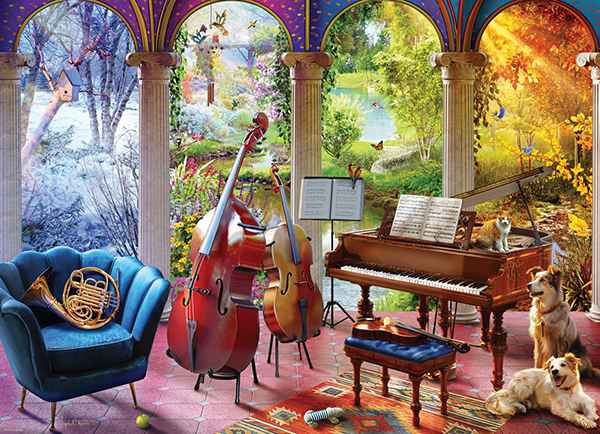 Four Seasons of Music palapeli 1000 palaa on Angelo Boniton kuvittama musiikkiaiheinen taidepalapeli. vänkyräpalainen palapeli