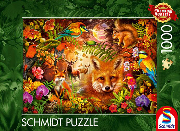 Flowers fur and feathers palapeli 1000 palaa on Ciro Marchettin kuvittama eläinpalapeli. Ketut, peura, linnut ja kauris kasvien siimeksessä.