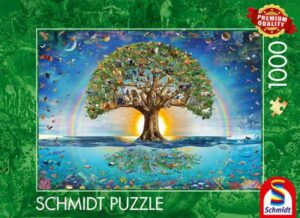 The magical tree of life palapeli 1000 palaa on Adrian Chestermanin kuvittama elämänpuu-aihe. Maalla elävät eläimet ovat puun oksilla, lentävät eläimet taivaalla ja vesieläimet vedessä.