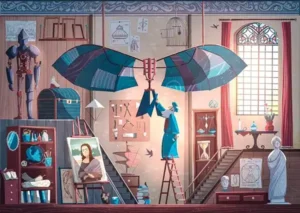 Da Vinci Workshop palapeli 1000 palaa on ranskalaisen Trevellen valmistama. Eor Glas Studion kuvittamassa palapelissä Leonardo da Vinci (1452–1519) seisoo tikkailla ja valmistelee lennokkinsa testiversiota.