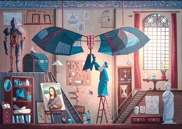 Da Vinci Workshop palapeli 1000 palaa on ranskalaisen Trevellen valmistama. Eor Glas Studion kuvittamassa palapelissä Leonardo da Vinci (1452–1519) seisoo tikkailla ja valmistelee lennokkinsa testiversiota.