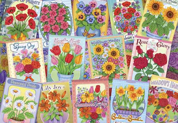 Gardeners Joy -palapeli 1000 palaa on ranskalaisen Alipsonin kukkapalapeli. Kuvassa kesäkukkien siemenpusseja kollaasina.