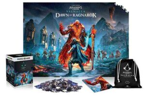 Assassin's Creed Valhalla Dawn of Ragnarok -palapeli 1000 palaa on pakattu upeaan kuution malliseen palapelilaatikkoon. Mukana tulee palapelin kuvasta pieni posteri ja palat on pakattu kangaspussiin. 