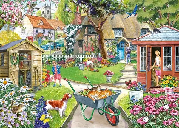 HOP Bloomin' Lovely -palapeli 1000 palaa on brittiläisen House of Puzzles (HOP) valmistama. Kesäisessä puutarhassa riittää puuhaa koko perheelle. Kissat ovat vallanneet kottikärryt.