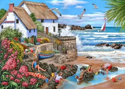 HOP Seaspray Cottages -palapeli 1000 palaa on brittiläisen House of Puzzles (HOP) valmistama. Lapset leikkivät rantavedessä. Purjevene suuntaa merelle.