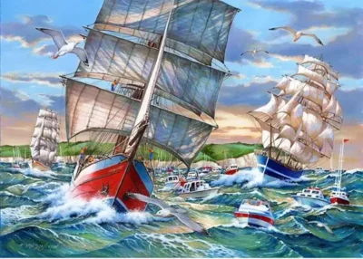 HOP Tall Ships -palapeli 1000 palaa on brittiläisen House of Puzzles (HOP) valmistama. Monimastoiset purjelaivat ovat upea näky. Purjelaivat-palapelin on kuvittanut Keith Stapleton.