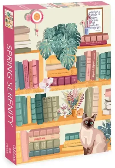 Spring Serenity -palapeli 500 palaa on Olleo Puzzles kevätpalapeli. Mathilde Garcian kuvitus kirjahyllystä ja kissasta. Peikonlehti rönsyilee ylähyllyllä.