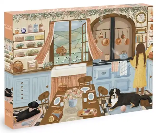 Olleo Sweet Hours -palapeli 500 palaa on sympaattinen kuva keittiöstä, jossa tyttö häärää koirien kanssa.