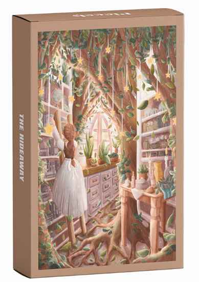 Piecely Hideaway -palapeli on saksalaisen Piecely Puzzles minipalapeli. 99-palainen Hideaway-minipalapeli vie sinut maailmaan, joka ylittää mielikuvituksesi: keskellä huonetta kasvava puu, hyllyt täynnä lumottuja kirjoja, posliinia ja kasveja sekä taivaalta roikkuvia tähtiä.