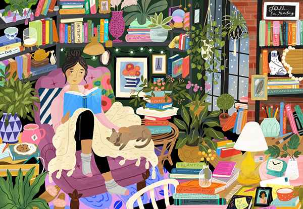 Reading Nook -palapeli 1000 palaa on ranskalaisen Pieces & Peacen palapeli. Cynthia Frenetten kuvittamassa palapelissä nainen lukee kirjaa ja silittää samalla kissaa.