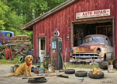 Auto Repair palapeli 500 palaa on kanadalaisen Cobble Hillin valmistama autokorjaamo-aiheinen palapeli. Kultainennoutaja istuu Auto repair -kyltillä varustetun vajan edessä.