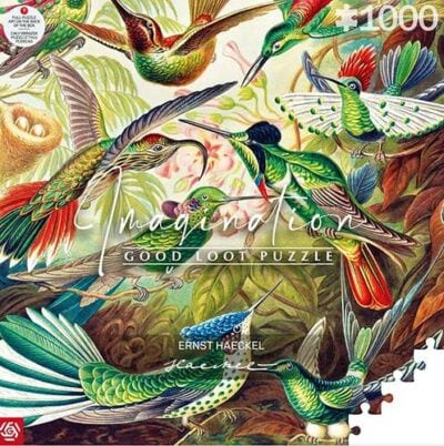 Hummingbirds palapeli 1000 palaa on Ernst Haeckelin kuvittama taidepalapeli mutta myös luontopalapeli. Luonnontieteilijä Ernst Haeckel maalasi eri kolibrilajeja vuonna 1899. Palapelimerkki Good Loot