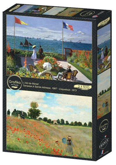 Monet's Art palapelit 2x500 palaa: Garden at Sainte Adresse, 1867 ja Poppy Field Near Argentueil, 1873. Valmistaja Grafika on ranskalainen ja palapelit valmistetaan Ranskassa.
