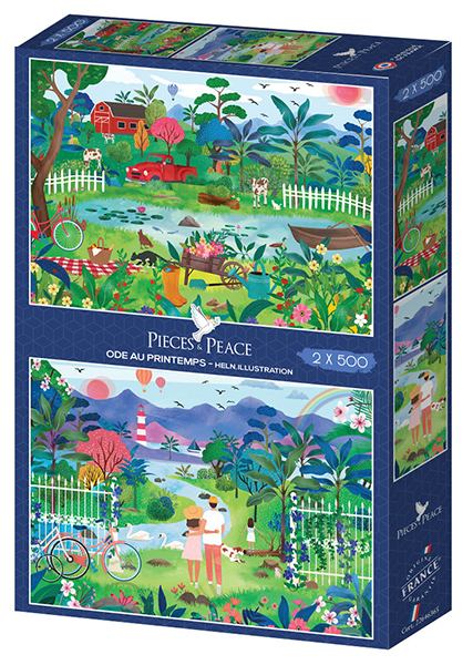 Ode au Printemps palapeli 2x500 palaa on ranskalaisen Pieces & Peacen valmistamat kesäiset palapelien aiheet. Heln.illustrationin kuvittamissa palapeleissä toisessa maisemaan kuuluu punainen lato, vanha jenkkiauto, kukkia ja retkieväät.