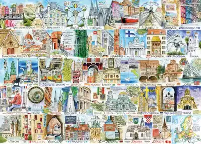 Gibsons Sights & Sounds of Europe palapeli 1000 palaa on brittiläisen Gibsonsin Euroopan nähtävyydet -palapeli. Kuvassa Euroopan eri kaupungeista tunnettuja kohteita.