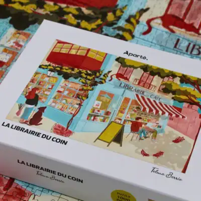 Aparté Corner Bookstore palapeli 1000 palaa vie kirjakauppaan. Kirjakauppapalapeli