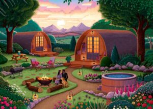 Falcon Glamping 1000 palan palapeli on tunnelmallinen iltakuva viehkeässä mökkiympäristössä ulkotulen äärellä.