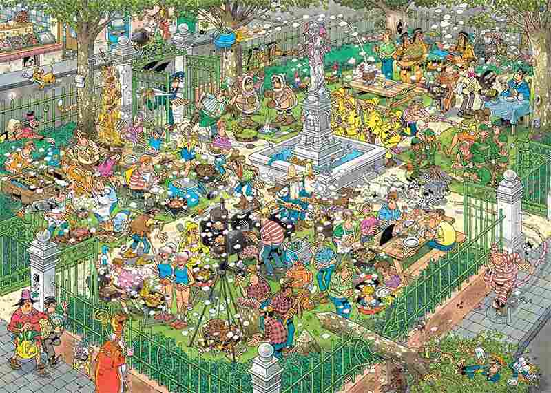 Jan van Haasteren BBQ Party palapeli 1000 palaa on täynnä visuaalisia vitsejä, yksityiskohtia ja yllätyksiä.