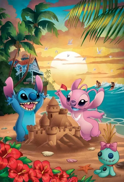 Clementoni Disney Stitch & Angel palapeli 500 palaa on Disney-palapeli, jossa nautitaan hiekkalinnan rakentamisesta.