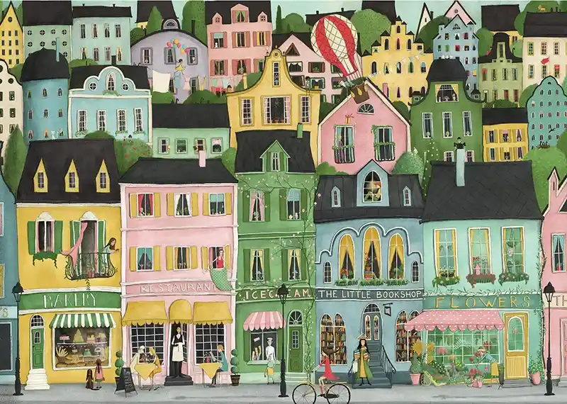 Mon Joli City Life palapeli 1000 palaa rakennusaiheisten palapelien ystäville. Kuvitus Maja Lindberg