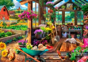 Schmidt Garden shed palapeli 1000 palaa on Jeff Haynien kuvittama puutarha-aiheinen palapeli