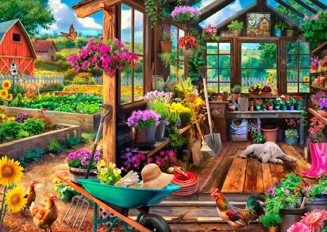 Schmidt Garden shed palapeli 1000 palaa on Jeff Haynien kuvittama puutarha-aiheinen palapeli