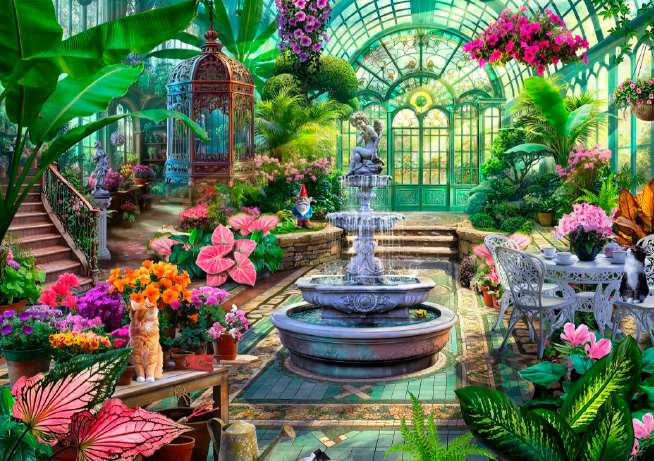 Victorian greenhouse palapeli 1000 palaa on Jeff Haynien kuvittama viherhuone-aiheinen palapeli, Schmidt palapeli