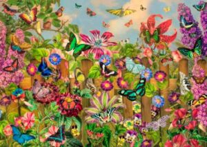 Schmidt Enchanting butterfly garden palapeli 2000 palaa on saksalaisen Schmidtin perhospalapeli. Kuvitus Aimee Stewart