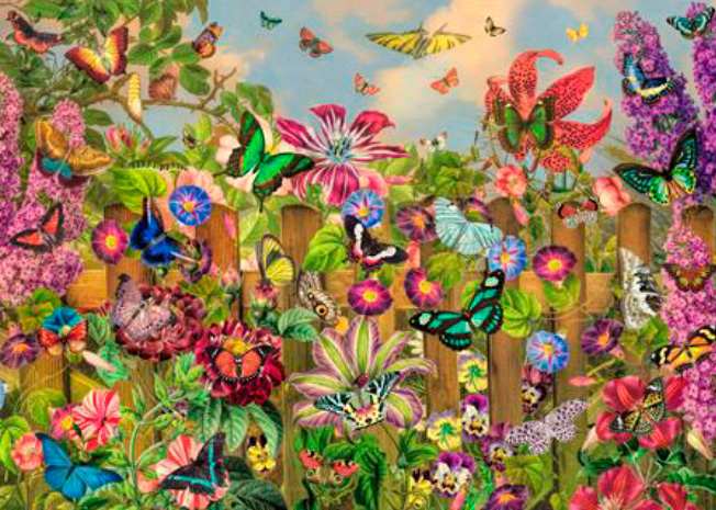 Schmidt Enchanting butterfly garden palapeli 2000 palaa on saksalaisen Schmidtin perhospalapeli. Kuvitus Aimee Stewart
